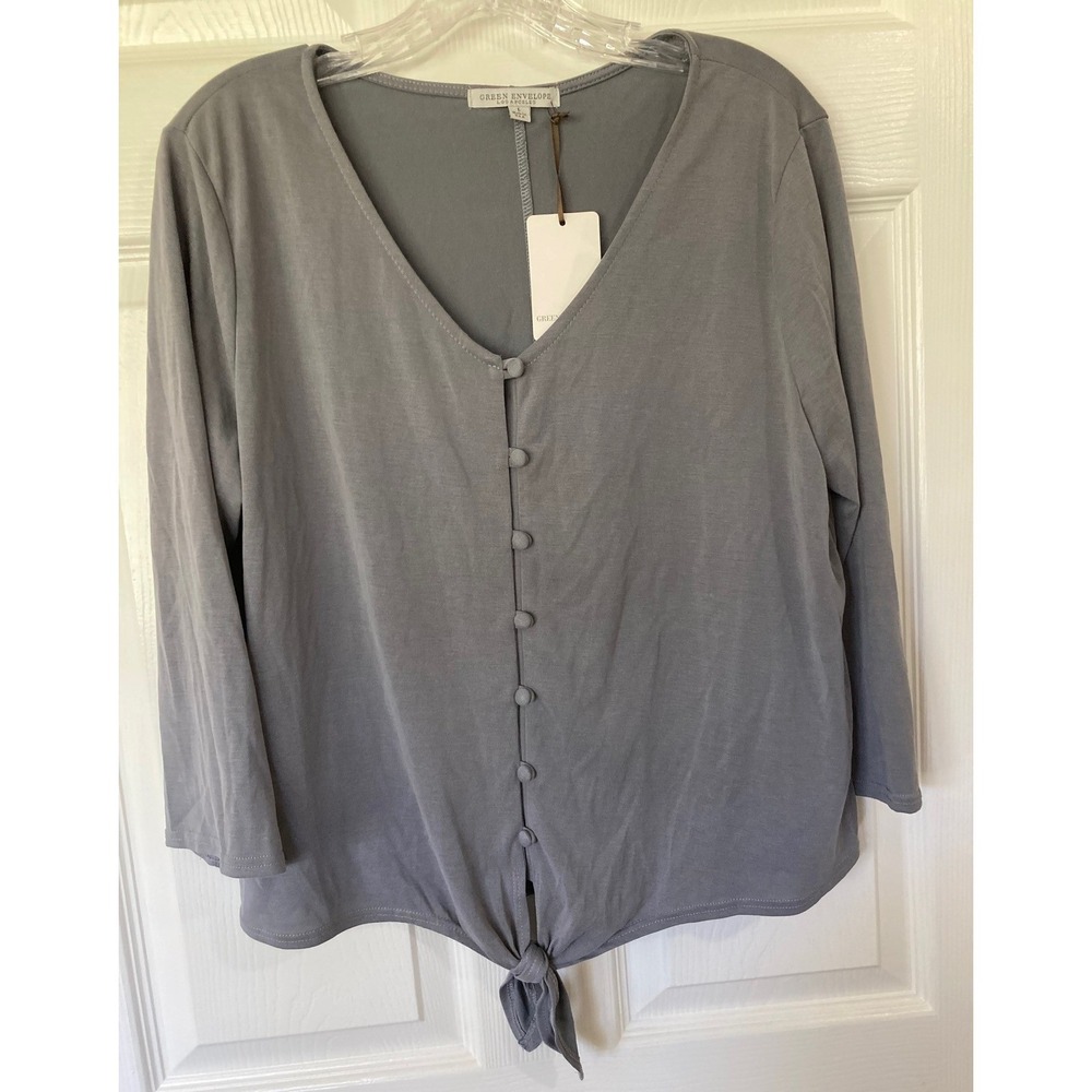 Green Envelope Top Gray Large New Tie Front Button Front USA Minimalist Soft